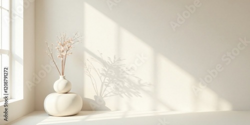 Serene Minimalist Home Decor A Two-Tiered Ceramic Vase with Dried Floral Arrangement Casts a Gentle Shadow on a Light-Colored Wall