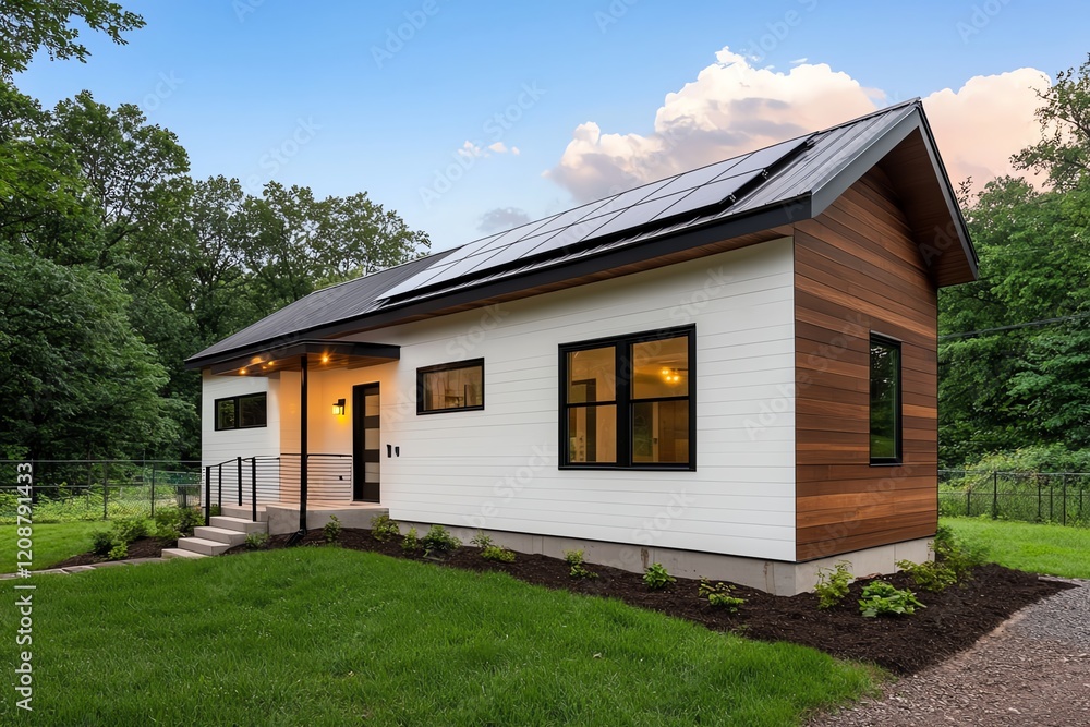 A modern, eco-friendly house with a mix of wood and white siding, surrounded by lush greenery and featuring solar panels on the roof. A modern, eco-friendly house with a mix of wood and white siding, surrounded by lush greenery and featuring solar panels on the roof.