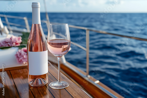 A bottle of pink wine and filled wineglasses on luxury yacht, ready for a celebratory dinner photo