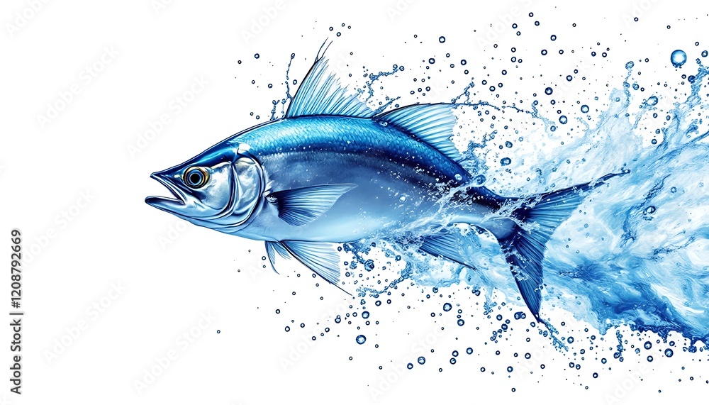 Obraz premium Blue Fish Leaping from Water, Dynamic Splash, Aquatic Life