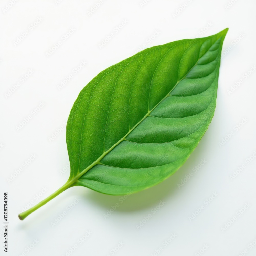 Obraz premium Single Green Leaf on White Background