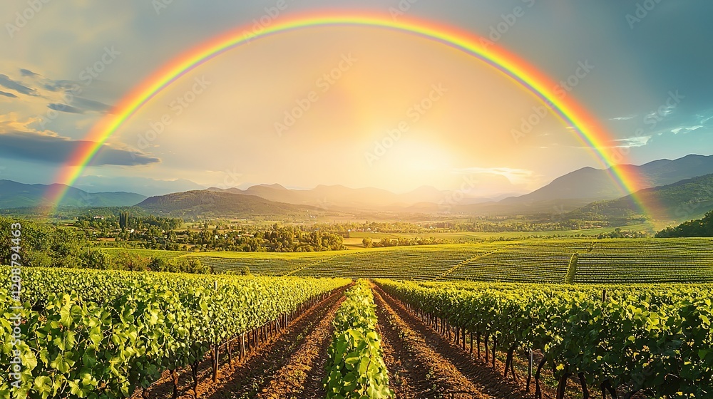 Obraz premium Rainbow over Vineyard at Sunset