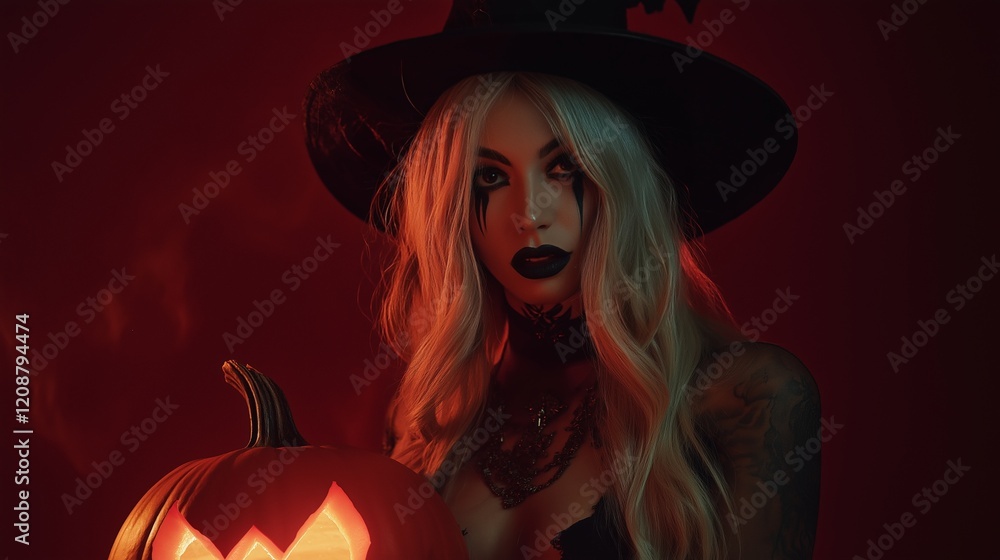 Witch And Halloween Pumpkin On Studio Background, Jack O' Lantern, Halloween and Autumn Concepts Witch And Halloween Pumpkin On Studio Background, Jack O' Lantern, Halloween and Autumn Concepts