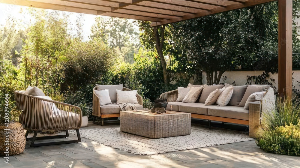 Stylish seating under a pergola on a modern patio. Stylish seating under a pergola on a modern patio.