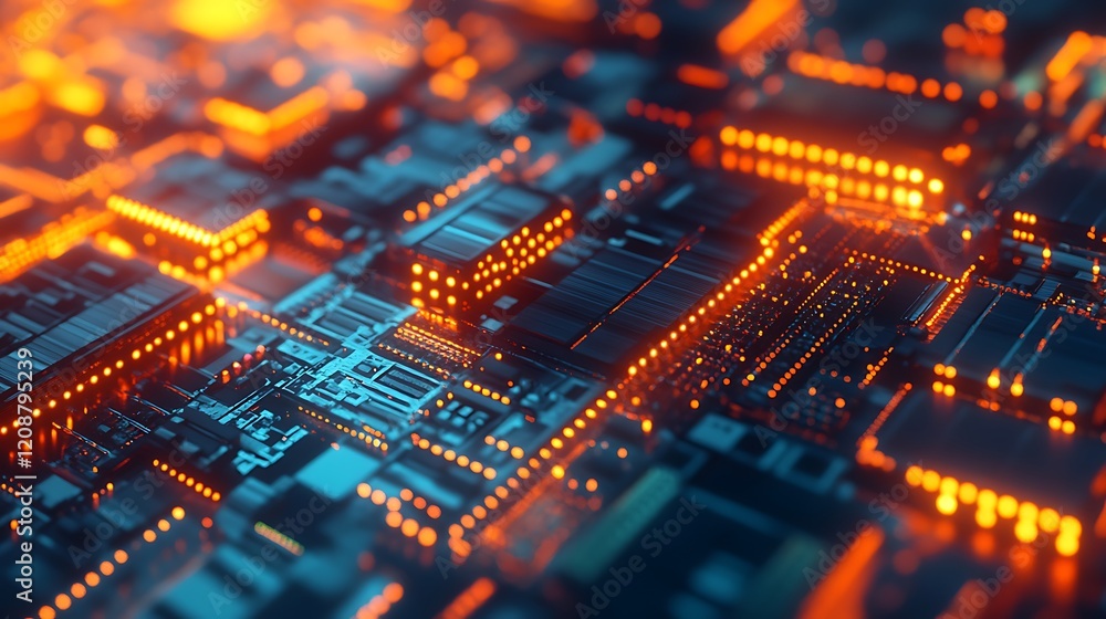 Close-up of an Abstract Circuit Board with Orange Lights Close-up of an Abstract Circuit Board with Orange Lights