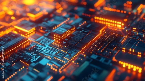 Close-up of an Abstract Circuit Board with Orange Lights