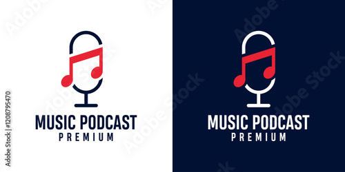 Podcast microphone and music note icon logo illustration design for sound recording studio, vocal course, composer. Singer musician artist celebrities karaoke music logo design illustration.
