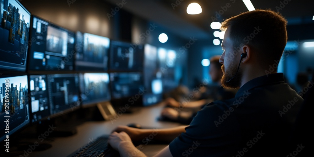 Security operator monitors screens, night shift, control room Security operator monitors screens, night shift, control room