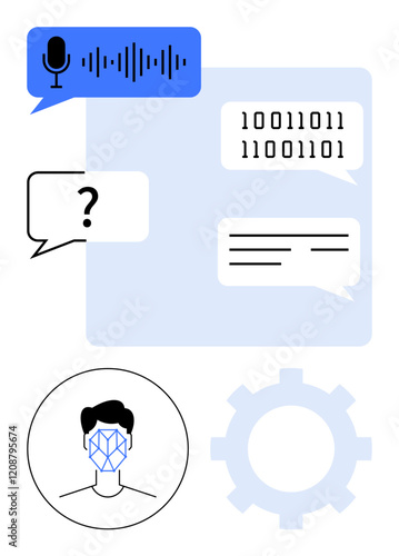 Microphone, soundwaves, binary code speech bubbles, face recognition icon, and gear. Ideal for AI, voice tech, machine learning, data analysis software automation abstract line flat metaphor