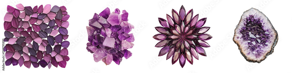 Stunning display of a diverse array of amethyst crystal formations in a range of purple hues from delicate lavender to deep rich violet The natural beauty and intricate Stunning display of a diverse array of amethyst crystal formations in a range of purple hues from delicate lavender to deep rich violet The natural beauty and intricate