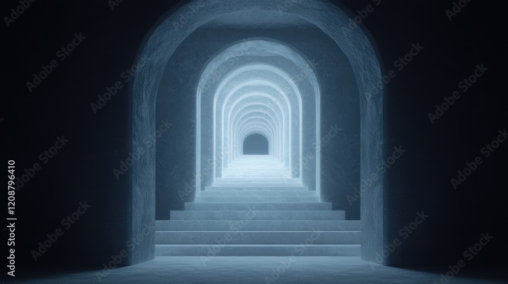 Fototapeta premium Illuminated Archway Corridor, Steps, Mystery, Futuristic, Background Design