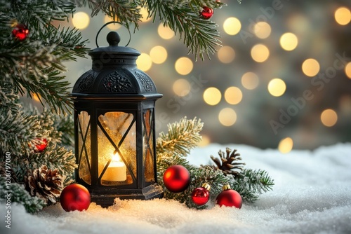 A cozy winter scene featuring a black lantern glowing with warm light surrounded by festive greenery photo