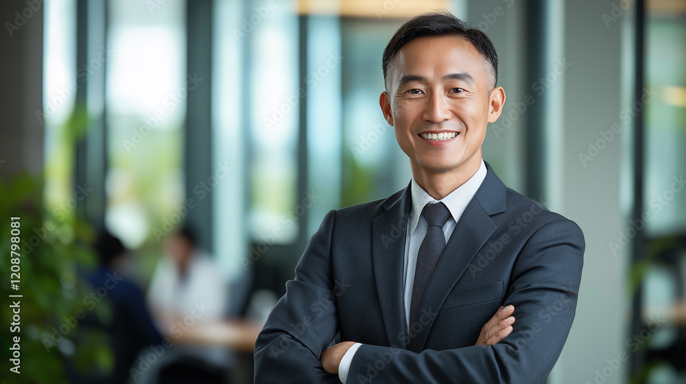 Smiling asian businessman posing with crossed arms in modern office Smiling asian businessman posing with crossed arms in modern office