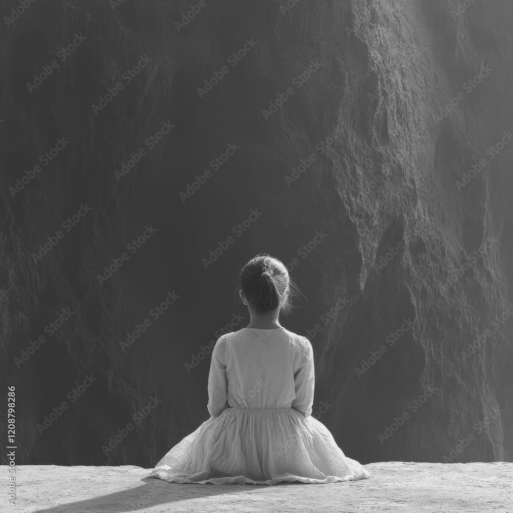 Girl in white dress sits facing dark cliff. Girl in white dress sits facing dark cliff.