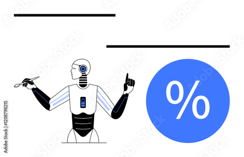 Robot using pen and device while highlighting percentage symbol. Ideal for AI, automation, future technology, data analysis, finance, education, innovation themes. Abstract line flat metaphor