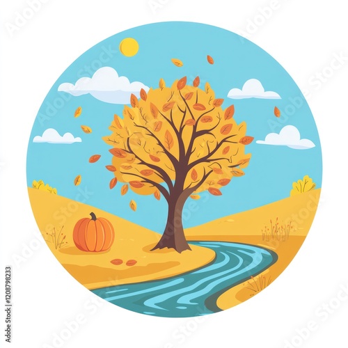 Autumn Landscape Featuring a Tree Pumpkin and Stream