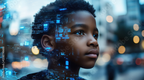 Wallpaper Mural young student gazes thoughtfully into distance, surrounded by glowing digital interfaces and futuristic data visuals Torontodigital.ca