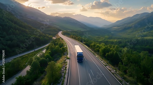 cargo truck on the higthway. cargo delivery driving on asphalt road through the mountains. seen from the air. Aerial view landscape. drone photography.
