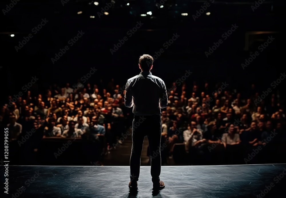 Fototapeta premium Engaging Speaker Captivating Audience in Dramatic Lighting Setting