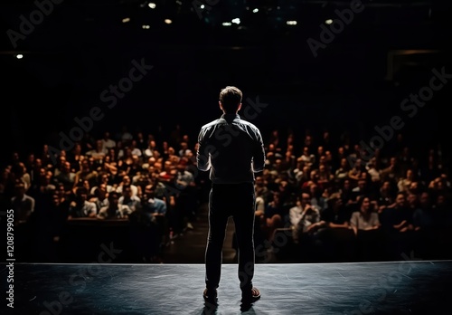 Engaging Speaker Captivating Audience in Dramatic Lighting Setting
