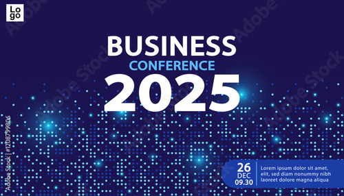 A futuristic banner template for a business conference in 2025. The abstract digital background with glowing pixels is ideal for a technology event, corporate summit, or a modern presentation. 