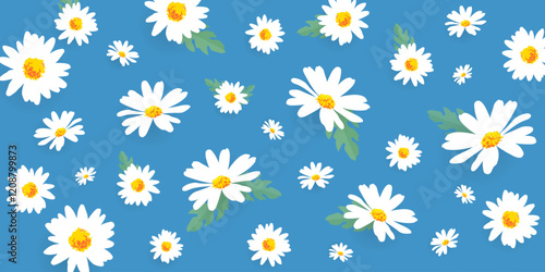 seamless pattern with daisies, flowers , camomile background. Vector, Flat and illustration.