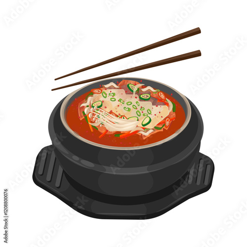 Vector Illustration Logo Clipart Kimchi Jjigae or Kimchi Stew On a Ttukbaegi
