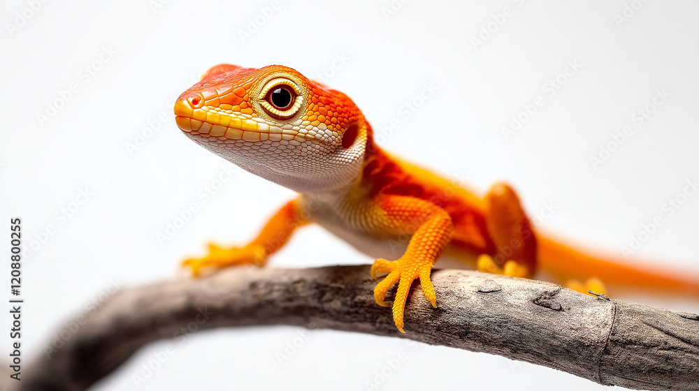 Orange gecko perching on branch with white background Orange gecko perching on branch with white background