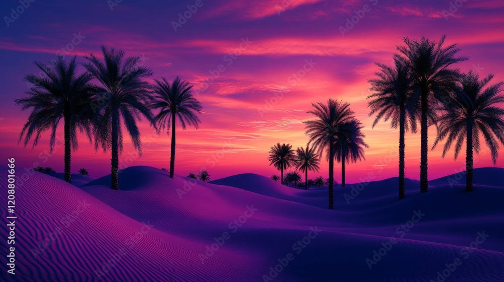 Obraz premium Desert Palms Silhouetted Against Vibrant Sunset Sky