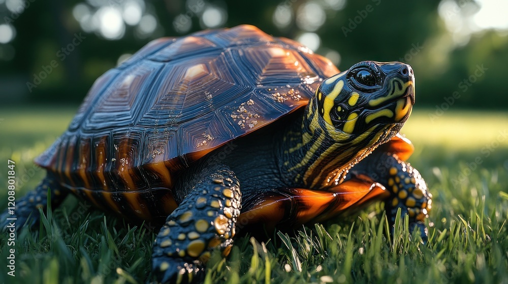 Tortoise strolling grassy lawn, sunset; nature backdrop Tortoise strolling grassy lawn, sunset; nature backdrop