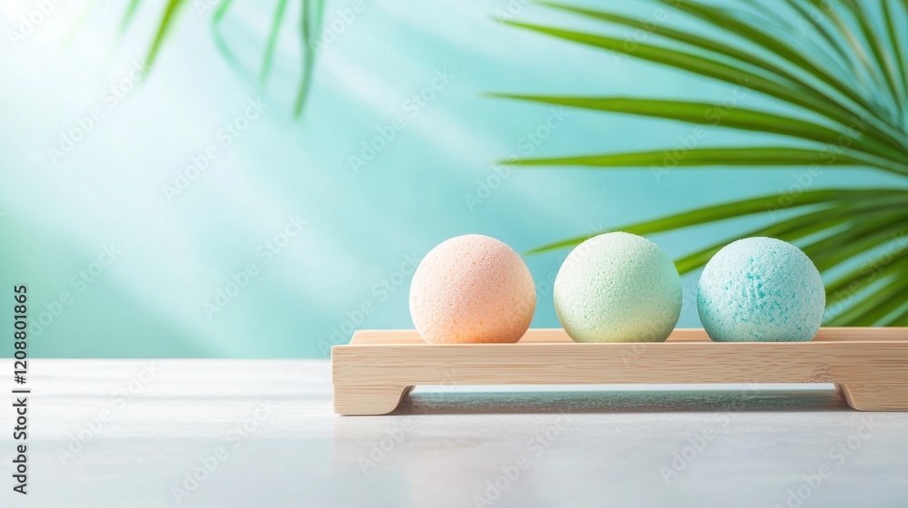 Fototapeta premium Spa Product Natural handmade soaps and bath bombs arranged on a wooden tray, promoting organic and sustainable spa practices.