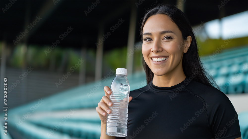 Smiling sporty woman holding water bottle in a stadium: hydration and healthy lifestyle Smiling sporty woman holding water bottle in a stadium: hydration and healthy lifestyle