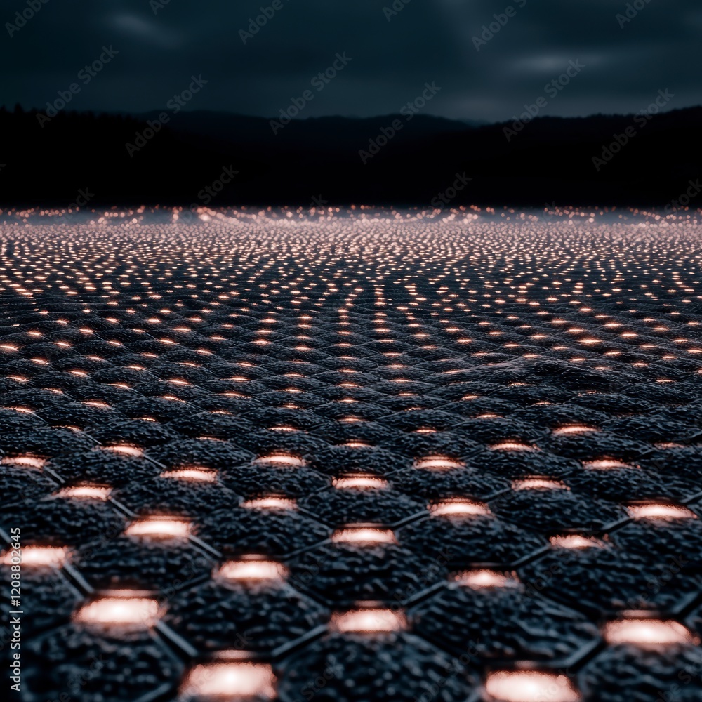 Fototapeta premium Glowing Hexagon Pattern Abstract Night Landscape Dark Background Illuminated Surface F