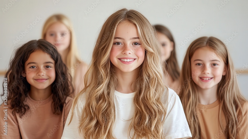 A group of smiling girls with long hair, standing together in a light, neutral-colored environment, exuding friendship and joy. A group of smiling girls with long hair, standing together in a light, neutral-colored environment, exuding friendship and joy.