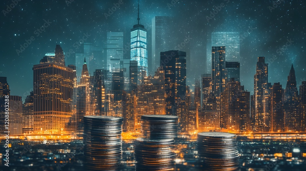 Fototapeta premium Night City Skyline with Stacks of Coins Representing Finance