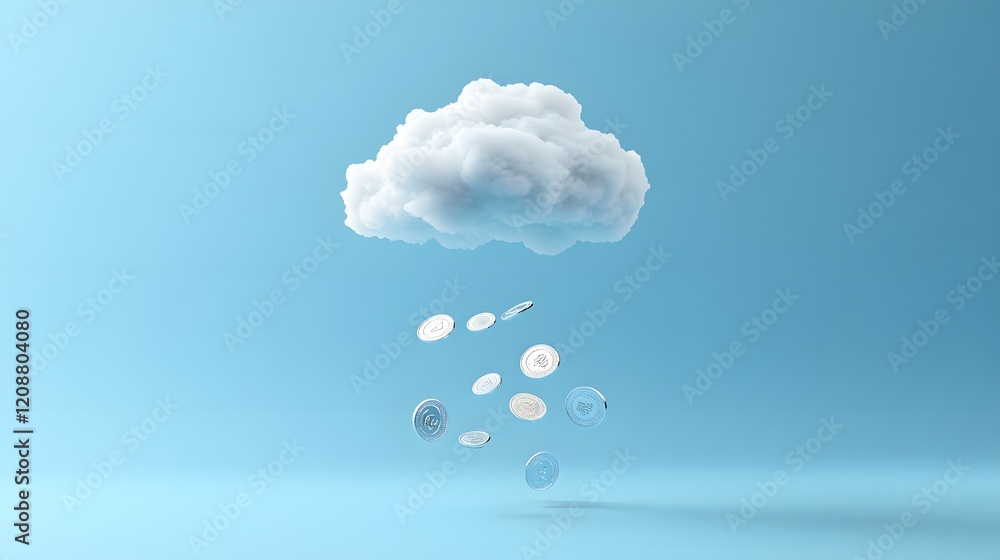 Cloud raining silver coins digital currency concept Cloud raining silver coins digital currency concept