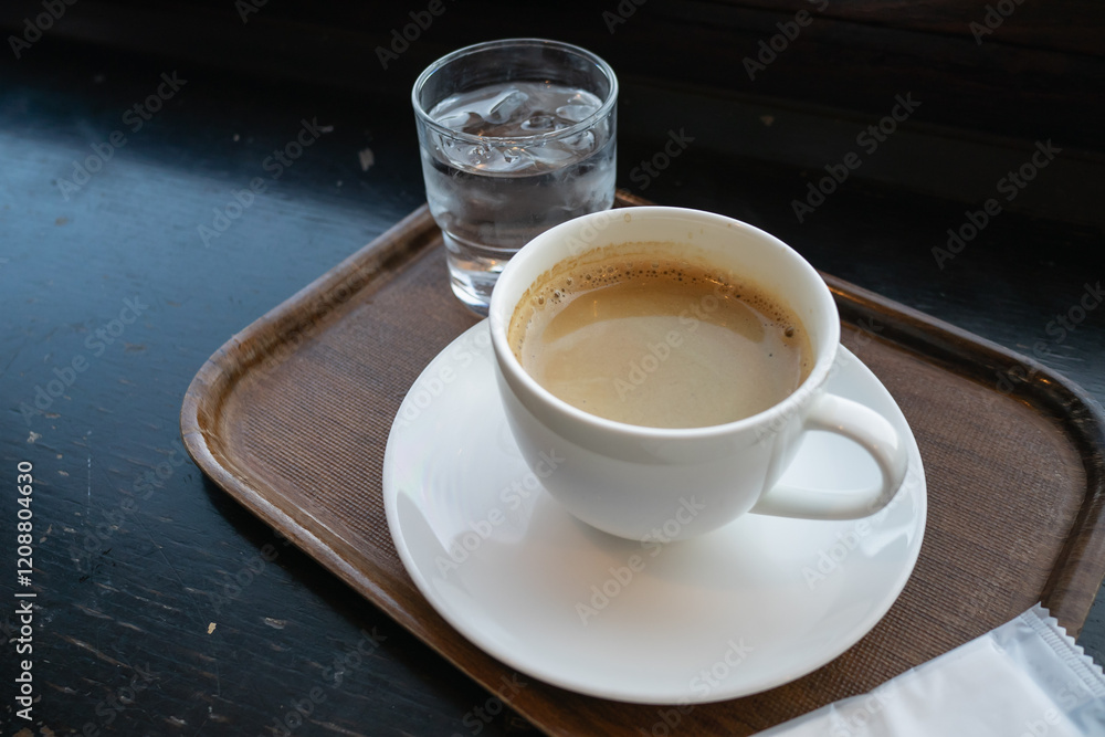 トレーの上の熱いコーヒーと冷たい飲み水。