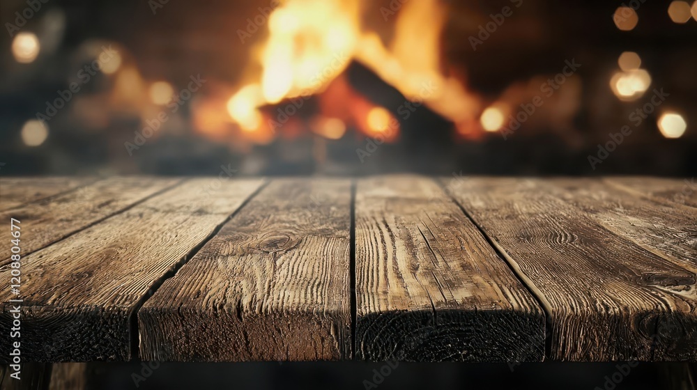 Aged wood table with visible knots, blurred firelight background, cozy and rustic atmosphere Aged wood table with visible knots, blurred firelight background, cozy and rustic atmosphere