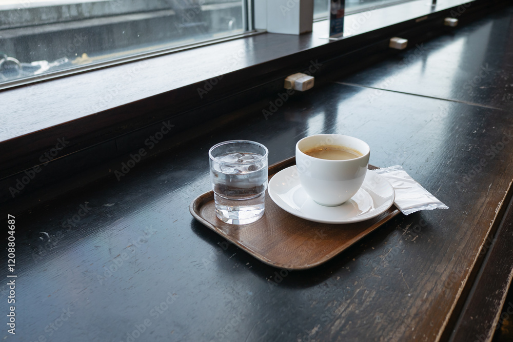 トレーの上の熱いコーヒーと冷たい飲み水。