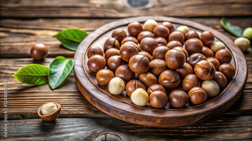 Close up shot of macadamia nuts arranged on a rustic wooden plate, macadamia nuts, close up, wooden plate, food, healthy, snack Close up shot of macadamia nuts arranged on a rustic wooden plate, macadamia nuts, close up, wooden plate, food, healthy, snack