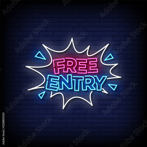 free entry neon sign with brick wall background vector