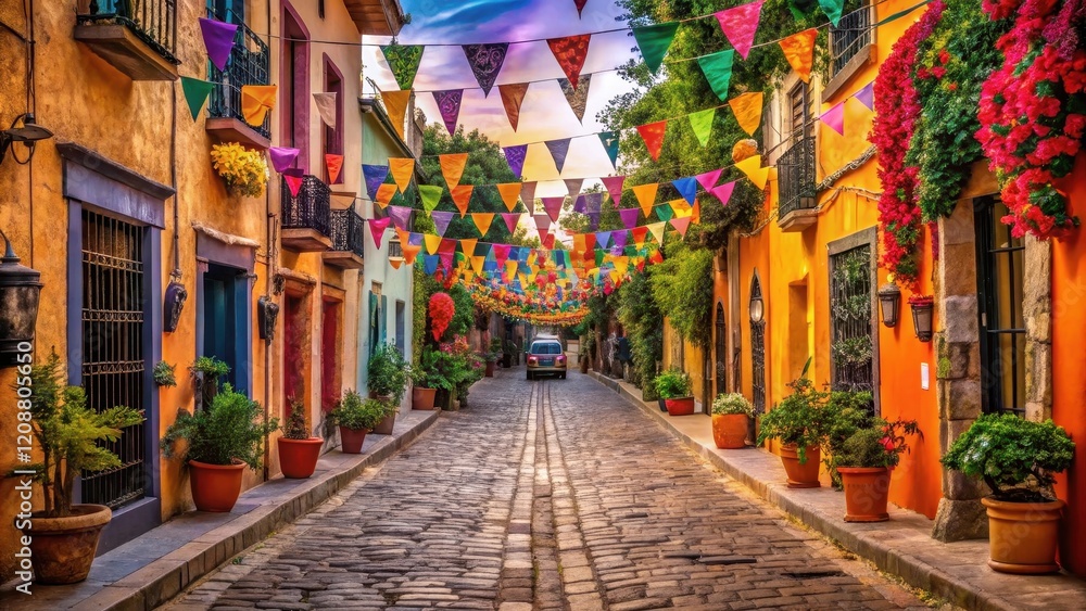 Fototapeta premium Vibrant Mexican street decorated for Dia de los Muertos celebration, Mexican culture, Day of the Dead, traditions