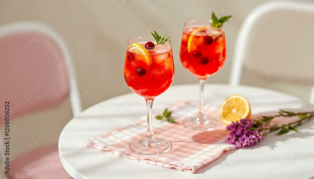 Two glasses of raspberry lemonade embellished with lemon slices and mint leaves make for a delightful option for spring cocktails Two glasses of raspberry lemonade embellished with lemon slices and mint leaves make for a delightful option for spring cocktails