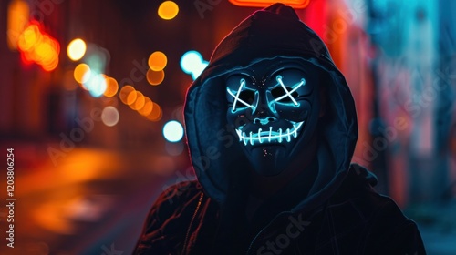 Mysterious man in black hoodie hides his face behind a neon mask, AI generated image