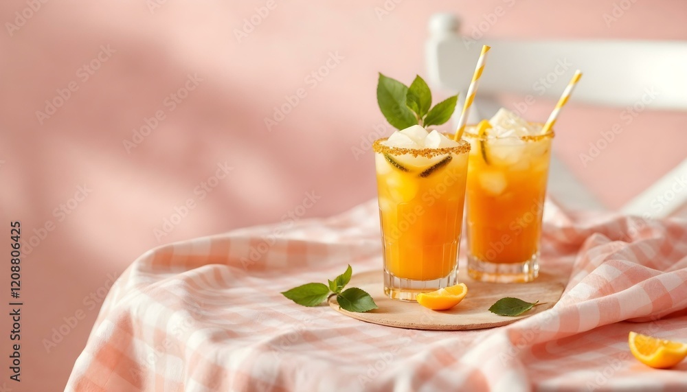 Fototapeta premium Two vibrant spring cocktails on a table adorned with a decorative tablecloth
