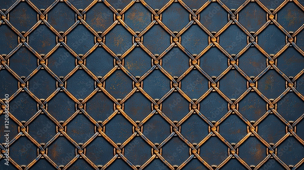 Fototapeta premium Textured metal grid with a rustic, weathered appearance showcasing a diamond pattern in earthy tones.