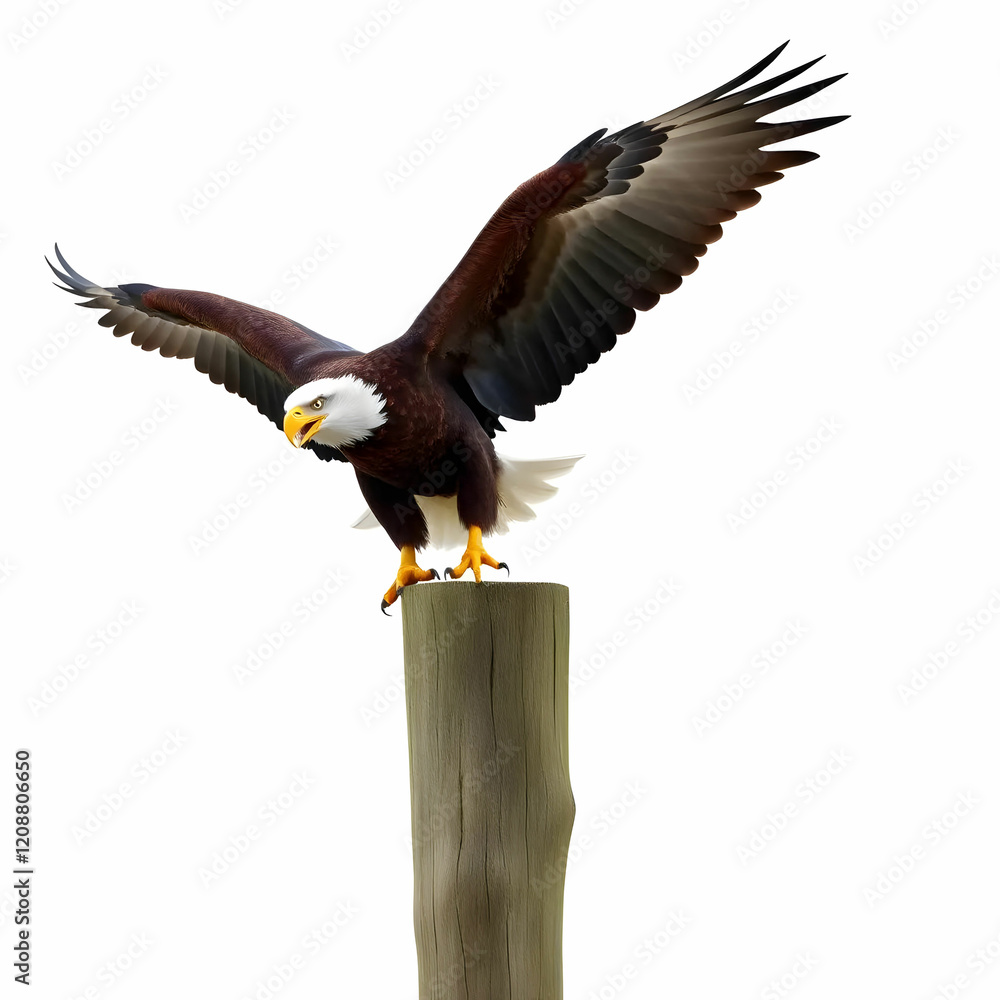 Fototapeta premium a majestic Bald Eagle about to fly from a wooden post isolated on the white background