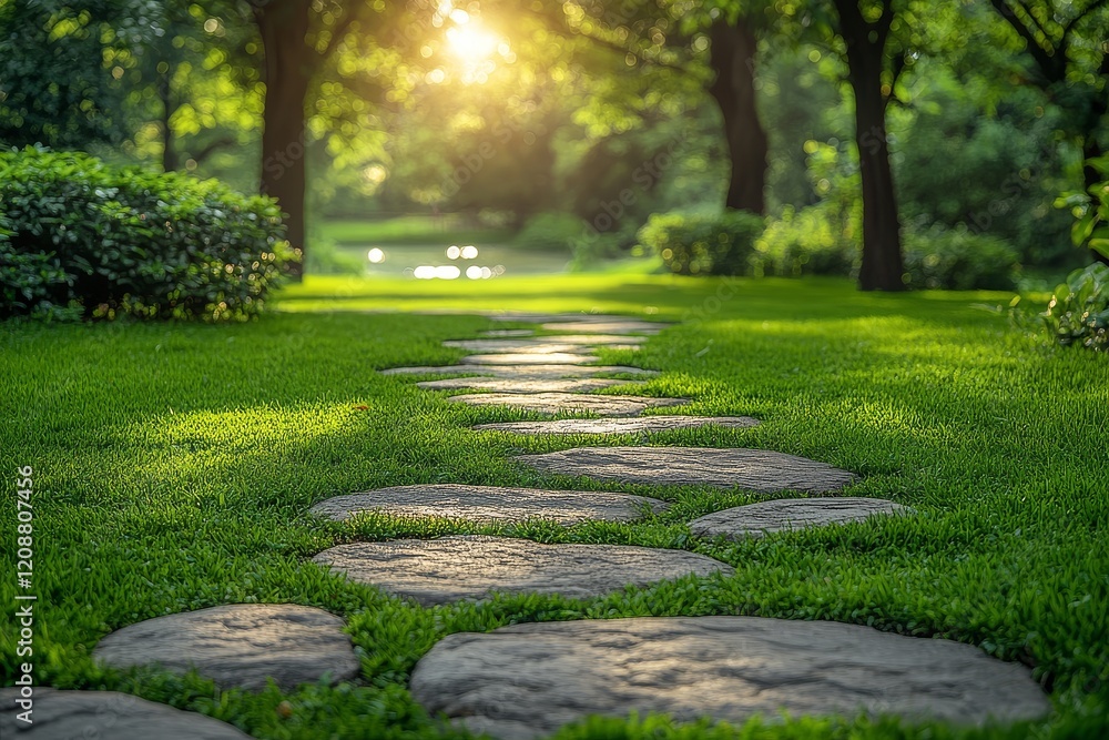 Beautiful lawn with green grass, trees, and sunlight in the background, featuring a stone path leading to a body of water. Beautiful lawn with green grass, trees, and sunlight in the background, featuring a stone path leading to a body of water.
