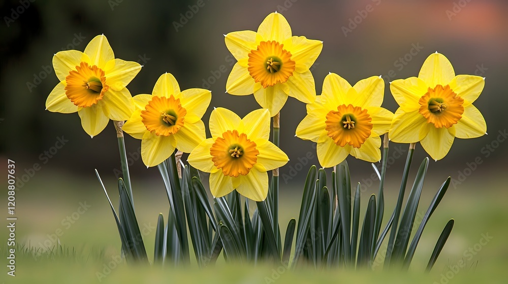 Fototapeta premium Rows of Golden Daffodils Blooming in Countryside Garden