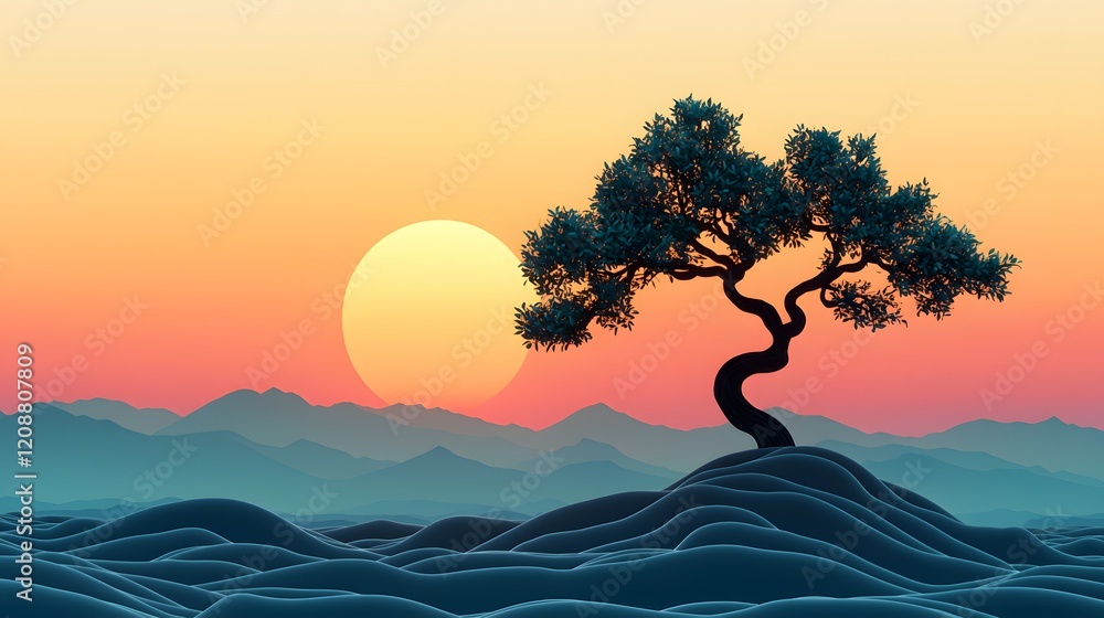 Serene Sunset Over Desert Landscape with Solitary Tree Silhouette Serene Sunset Over Desert Landscape with Solitary Tree Silhouette